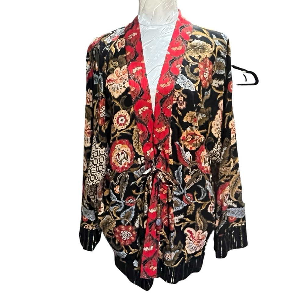 Carol Little‎ Sz 4P Vintage Duster Tie Waist Pockets Asian Inspired Floral Print
